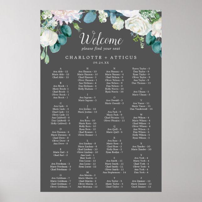 Poster Fleurs blanches classiques Siège alphabétique gris (Devant)
