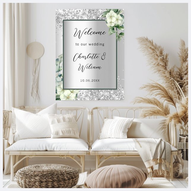 Poster Fleurs blanches en argent mariage bienvenue (Créateur téléchargé)