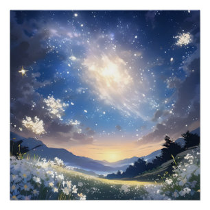 Poster Fleurs blanches entourées d'étoiles