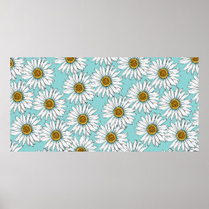 Poster Fleurs blanches marguerites sur Pat vintage bleu s