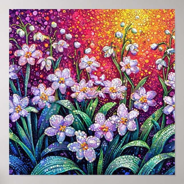 Poster Fleurs blanches pointillisme artistique minimal bo (Devant)