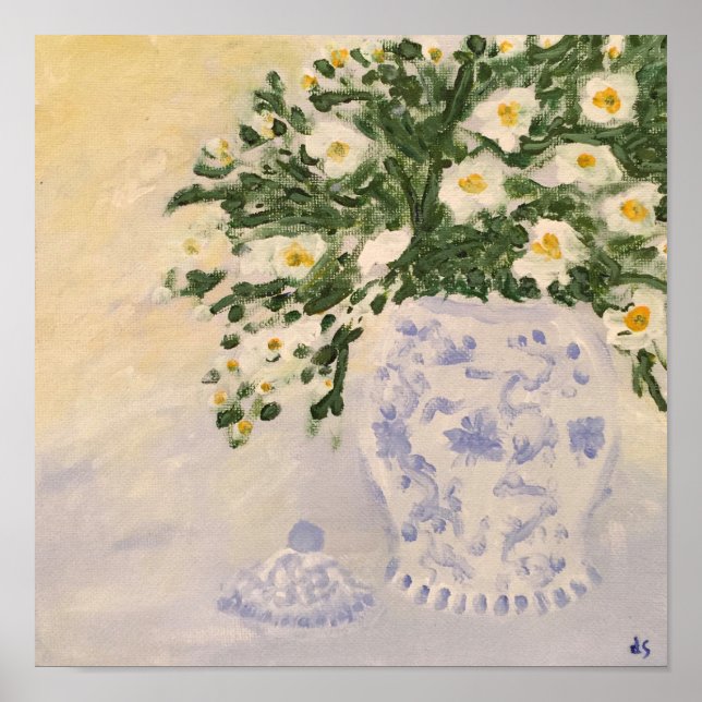 Poster Fleurs Bleu & Blanc Ginger Jar Art Imprimer Canvas (Devant)