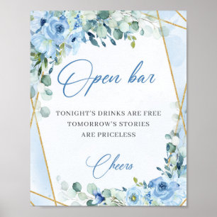 Poster fleurs bleu pastel cadre or eucalyptus open bar