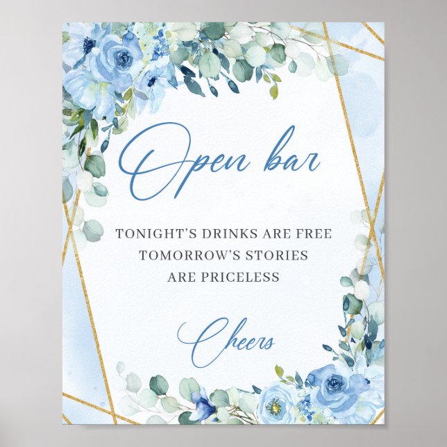 Poster fleurs bleu pastel cadre or eucalyptus open bar (Devant)