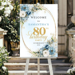 Poster Fleurs bleues bohèmes élégantes or 80e anniversair