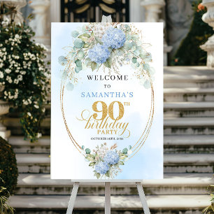 Poster Fleurs bleues élégantes Or 90e anniversaire de bie