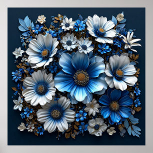Poster Fleurs bleues et blanches
