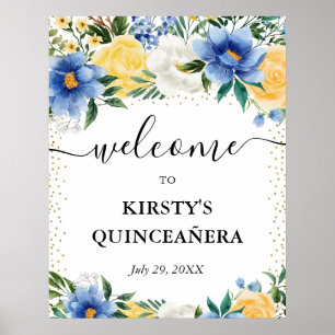 Poster Fleurs Bleues et Jaunes Quinceanera Bienvenue