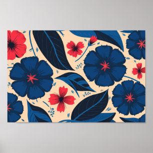 Poster Fleurs bleues et rouges, avec Feuilles bleu foncé