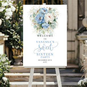 Poster Fleurs Bleues Pastel Or Bienvenue Sweet Sixteen