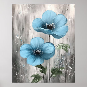 Poster Fleurs Bleues sur Peinture de Bois Gris