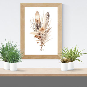 Poster Fleurs Bohème Grises Beige Marron Botaniques Plume