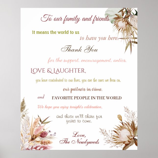 Poster Fleurs bohème Merci de réception de mariage (Devant)