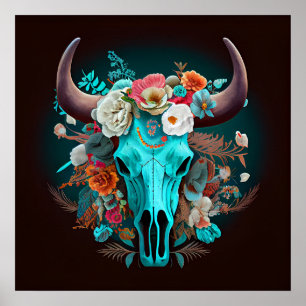 Poster Fleurs Boho Occidentales Taureau de vache Turquois