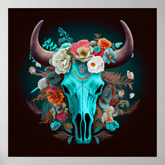 Poster Fleurs Boho Occidentales Taureau de vache Turquois