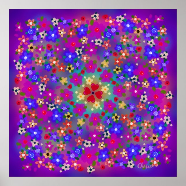 Poster Fleurs Boho Pink et Bleu (Devant)