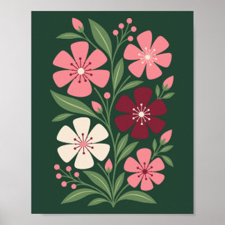 Poster Fleurs botaniques colorées avec des feuilles verte