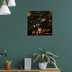 Poster Fleurs champignons papillons grenouille & Serpent