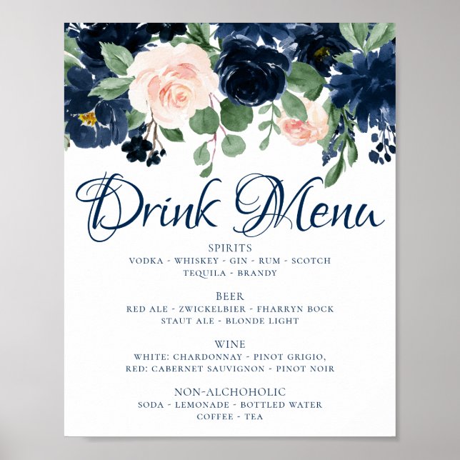 Poster Fleurs Chic | Menu de Boissons Bleu Marine et Rose (Devant)
