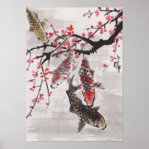 Poster Fleurs chinoises de prune de l'aquarelle KOI d'art