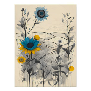 Poster fleurs collines paysage plante nature dessin art
