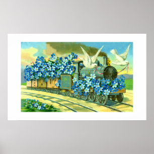 Poster Fleurs, colombes et trains