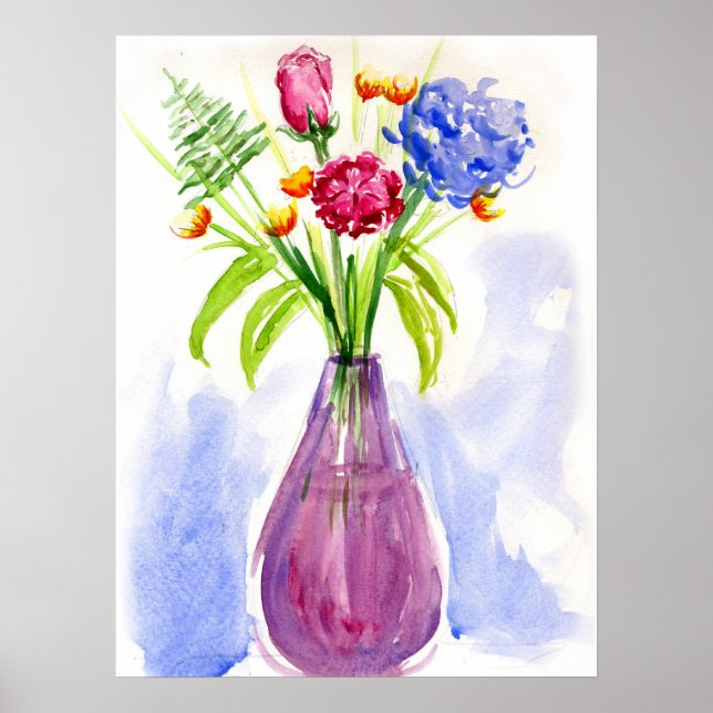 Poster Fleurs dans la toile d'aquarelle Vase (Devant)