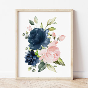 Poster Fleurs d'aquarelle bleu marine et bleu, infirmière