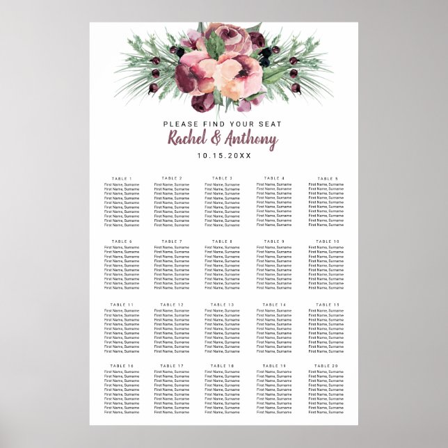 Poster Fleurs d'aquarelle Bourgogne de prune Berry Noël (Devant)