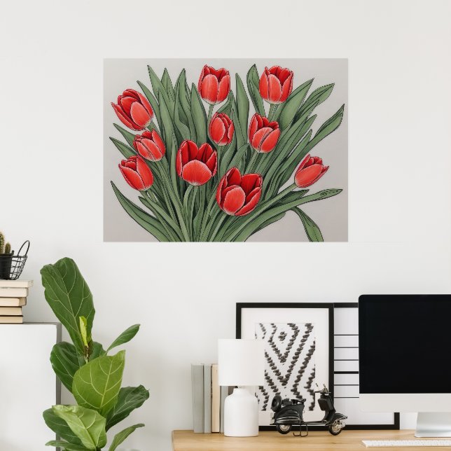 Poster Fleurs d'aquarelle de la Tulipe rouge (Bureau à domicile)