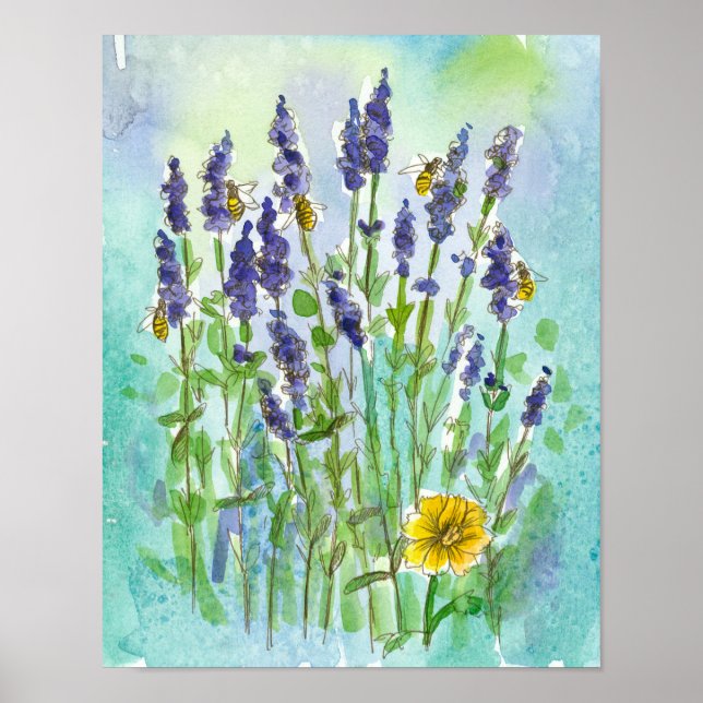 Poster Fleurs d'aquarelle d'Herbe de Lavande de miel (Devant)
