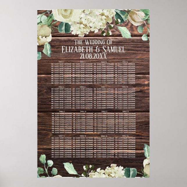 Poster Fleurs d'aquarelle en bois rustique Siège Mariage (Devant)