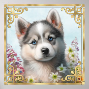 Poster Fleurs d'aquarelle et chiot sibérien Husky