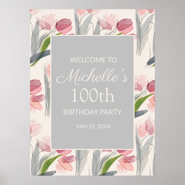 Poster Fleurs d'aquarelle rose 100e anniversaire Femmes (Devant)