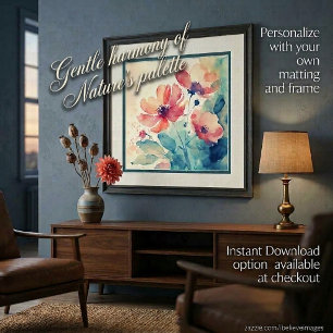 Poster Fleurs d'aquarelle rose et bleu art