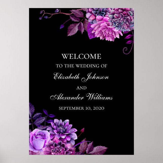 Poster Fleurs d'aquarelle violet. Mariage noir (Devant)