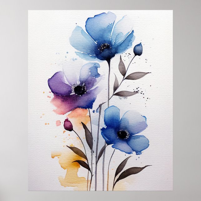 Poster Fleurs d'aquarelle violette et bleue (Devant)