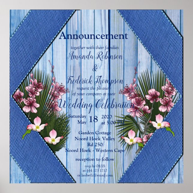 Poster Fleurs d'arty rose sur la texture de bois bleu (Devant)