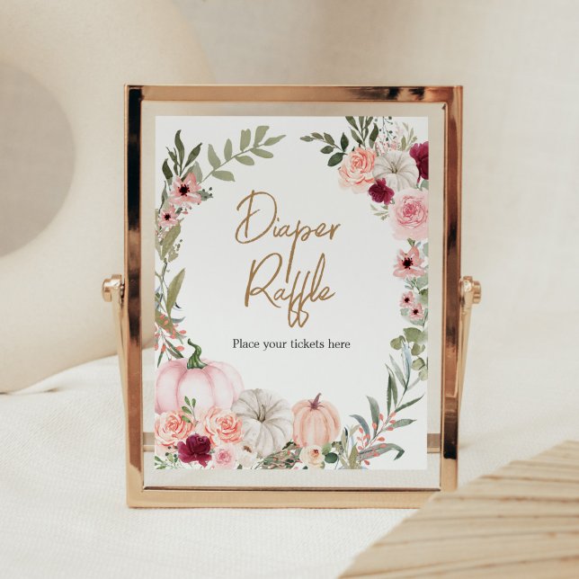 Poster Fleurs d'automne Citrouille Baby shower Déchets Ra (Autumn Little Pumpkin Baby Shower Diaper Raffle Sign
)