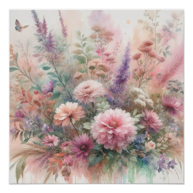 Poster Fleurs d'automne dans les couleurs pastel aquarell (Devant)