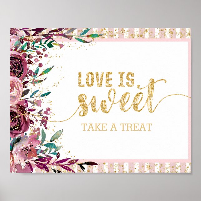 Poster Fleurs de Blush Stripes Gold Confetti L'amour est  (Devant)