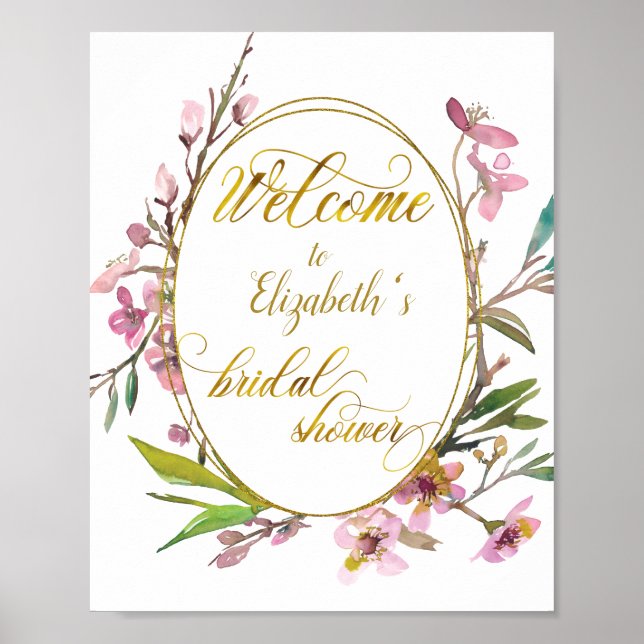 Poster Fleurs de Cerisier Cadre Doré Baby Shower de Marié (Devant)