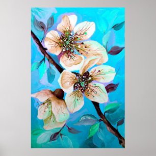 Poster Fleurs de cerisier Sakura japonaises en bleu Aqua
