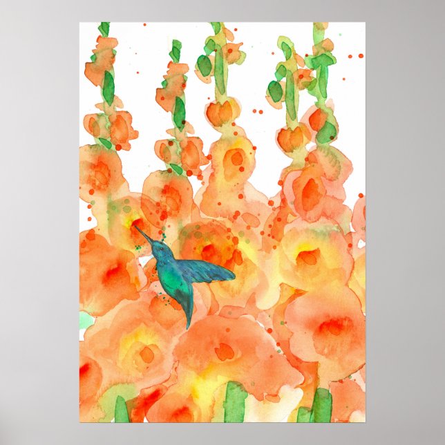 Poster Fleurs de colibri Orange Hollyhocks (Devant)