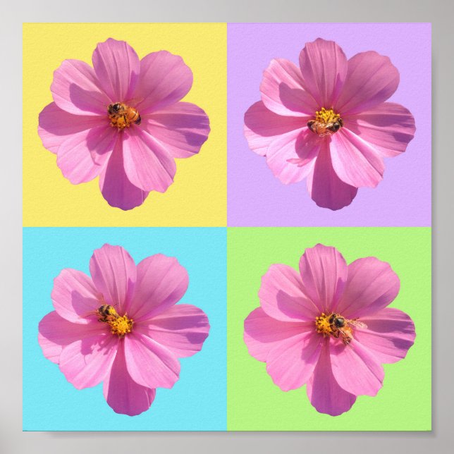 Poster Fleurs de cosmos à quatre panneaux avec abeille (Devant)
