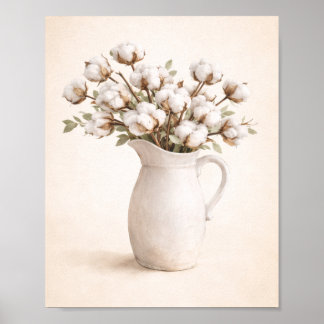 Poster Fleurs de coton dans un pichet blanc Neutral Farmh