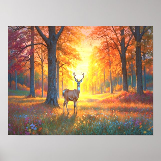 Poster Fleurs de forêt colorées et art de cerf (Devant)