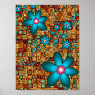 Poster Fleurs de fractale turquoise