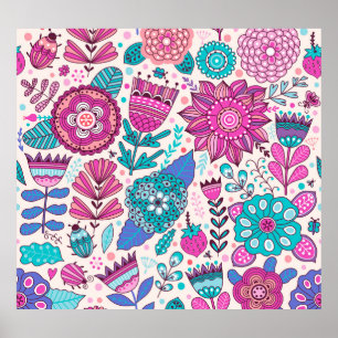 Poster Fleurs de gribouillis botaniques, texture transpar