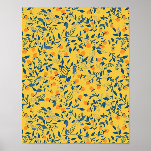Poster Fleurs de gribouillis en bleu et jaune (Devant)